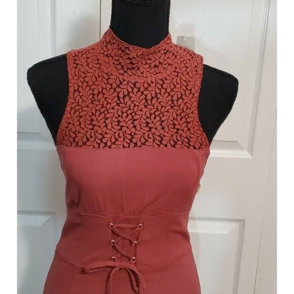 NWT Free People Women’s S Rust Pencil Mini Dress Lace Neck Open Back Bodycon - Picture 3 of 7